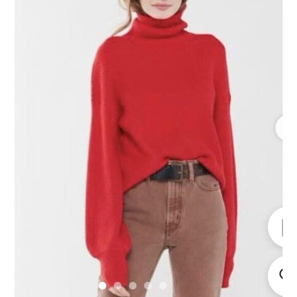 Urban‎ Outfitters "Tia" Red Ribbed Cropped Turtleneck Balloon Sleeve Sweater Med - Picture 1 of 8